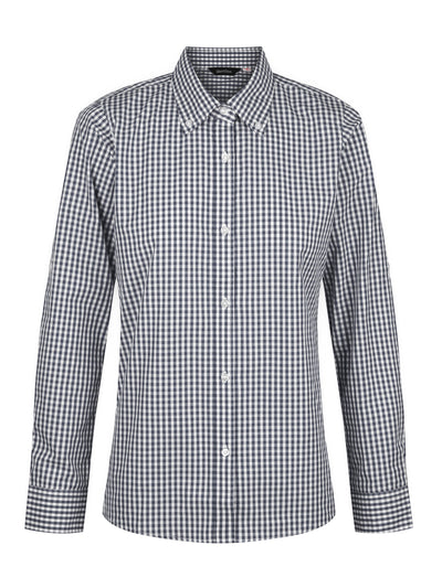 Ladies Miller Gingham Check LS Shirt in navy and white cotton, perfect for workwear or uniforms