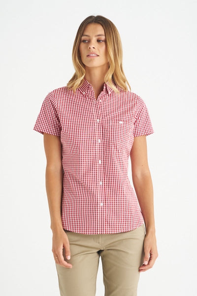 Ladies Miller Gingham SS Check Shirt with red and white gingham check and embroidered logo