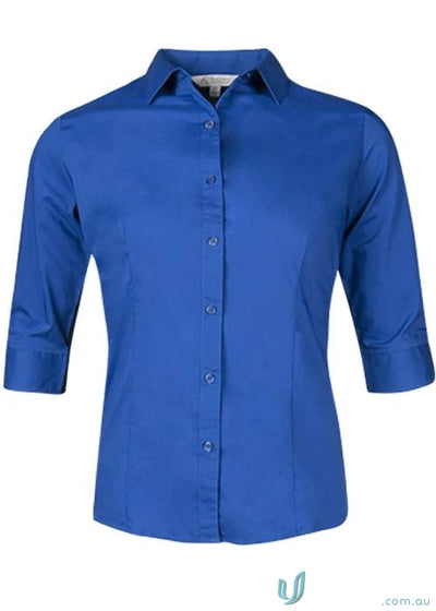 Blue three-quarter sleeve button-down shirt from Ladies Mosman workwear collection