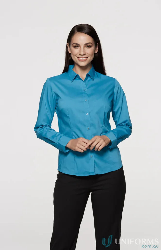 Women wearing a blue Ladies Mosman L/S Shirt, perfect for workwear and uniforms