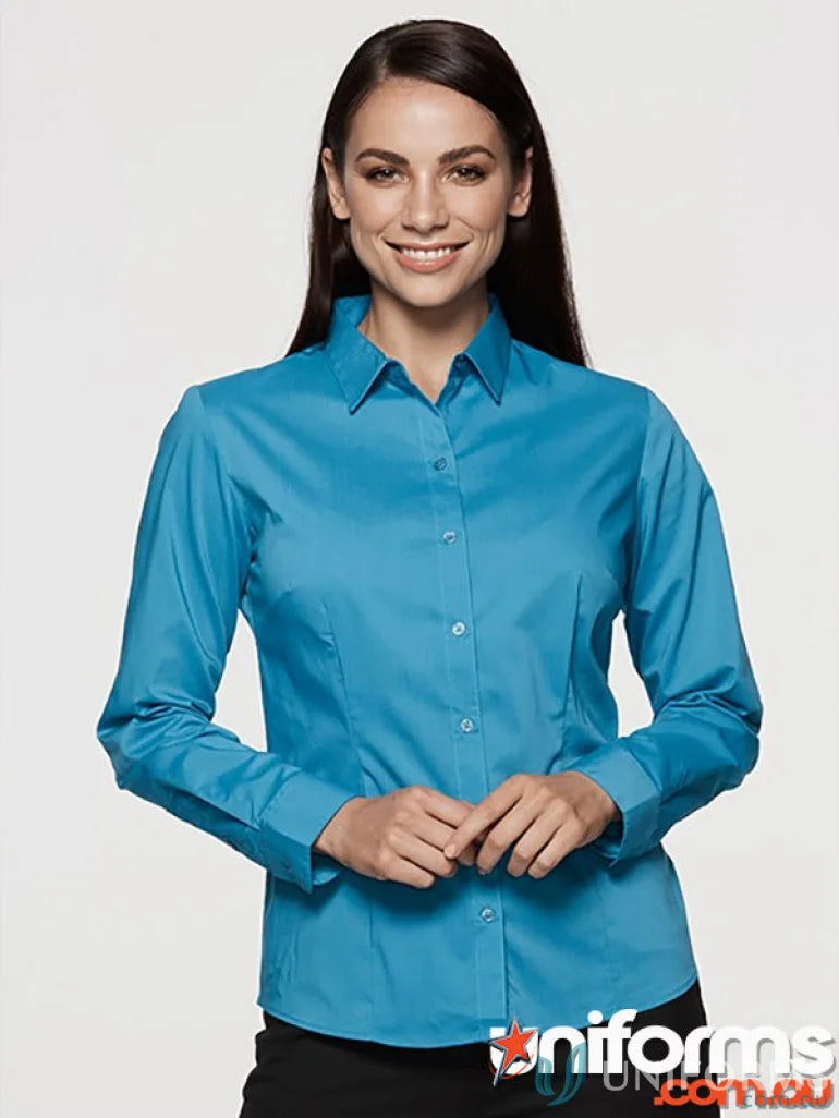 Woman wearing Ladies Mosman L/S Shirt in turquoise, perfect for workwear or uniforms