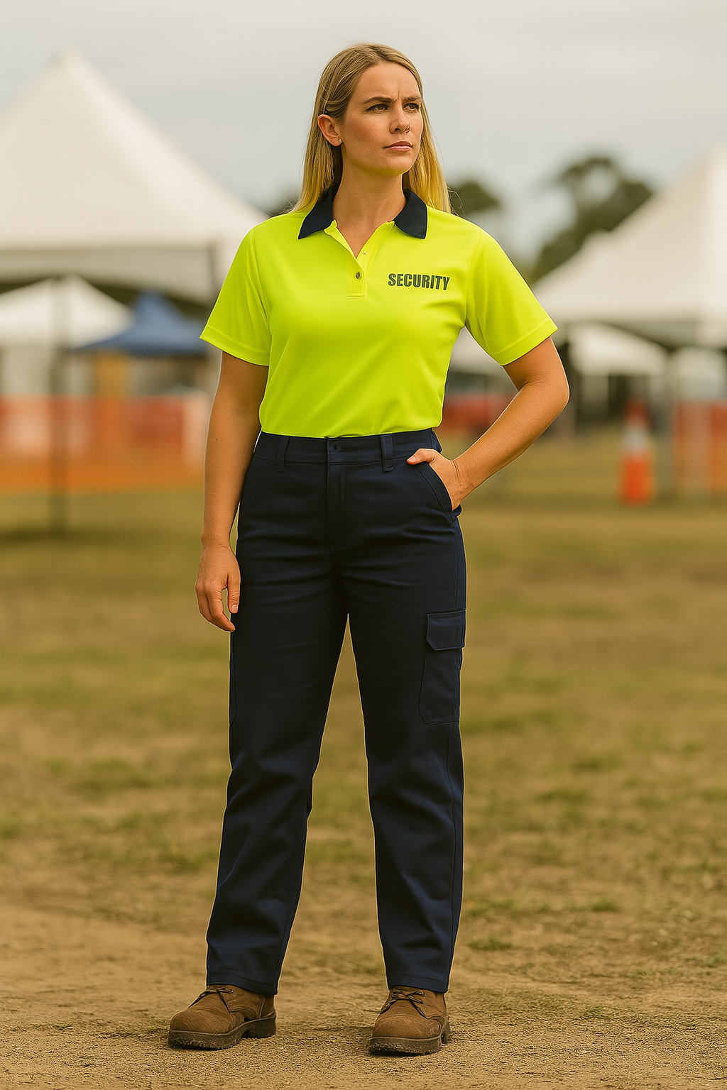 Ladies multi pocket stretch twill pant with neon green security polo