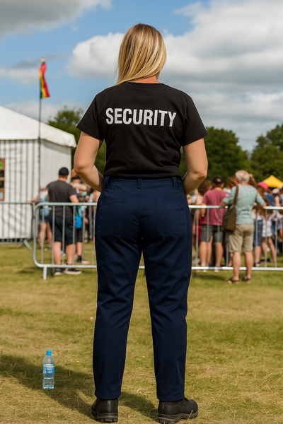 Back of ladies multi pocket stretch twill pant with security t-shirt