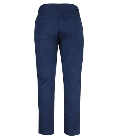 Navy blue ladies multi pocket stretch twill pant with relaxed cargo fit