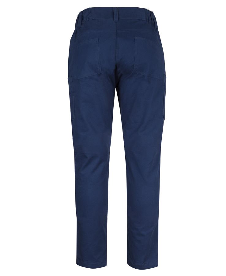 Navy blue ladies multi pocket stretch twill pant with relaxed cargo fit