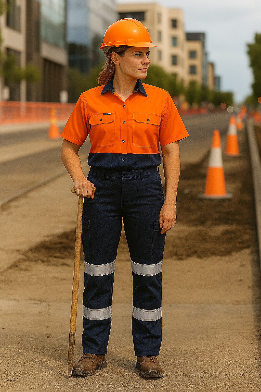 Ladies multi pocket stretch twill safety pant in orange navy with reflective stripes