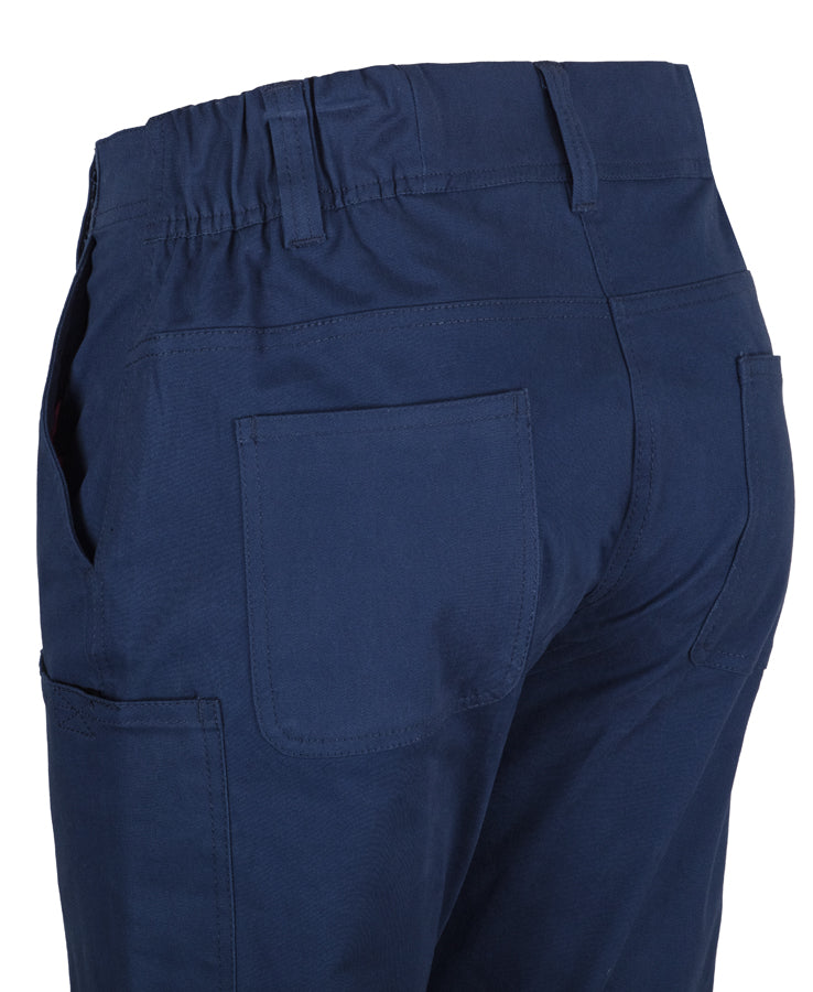 Back view of navy blue ladies multi pocket stretch twill pant