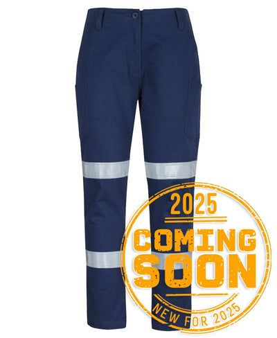Ladies multi pocket stretch twill safety pant in navy blue with reflective stripes