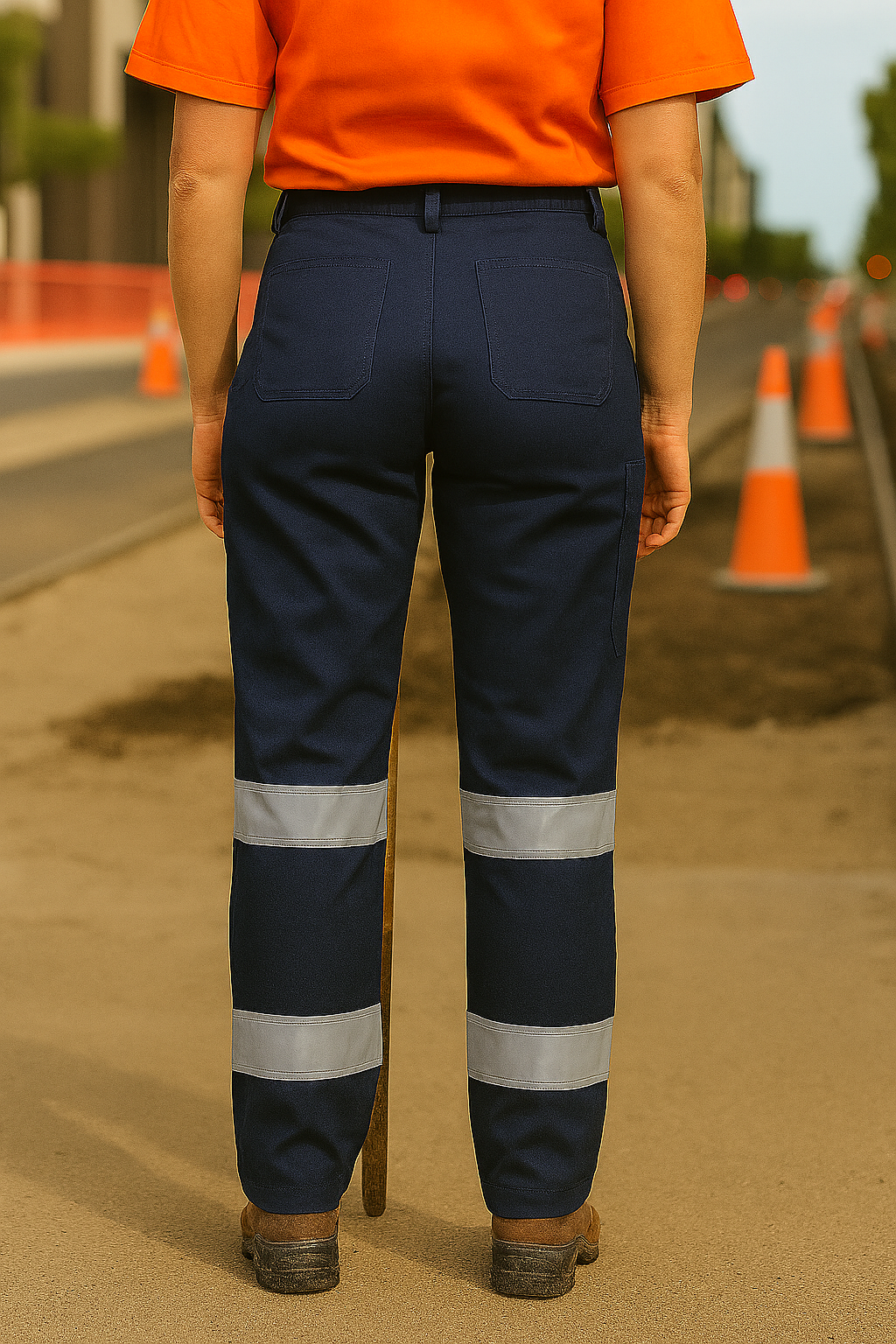 Ladies multi pocket stretch twill safety pant in navy blue with silver reflective stripes