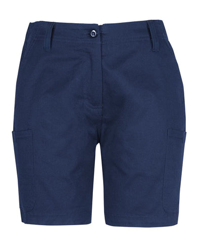 Navy blue ladies multi pocket stretch twill short with side pockets