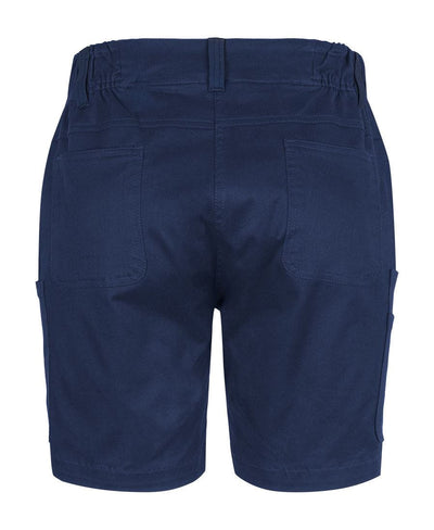 Back view of ladies multi pocket navy blue stretch twill short with pockets