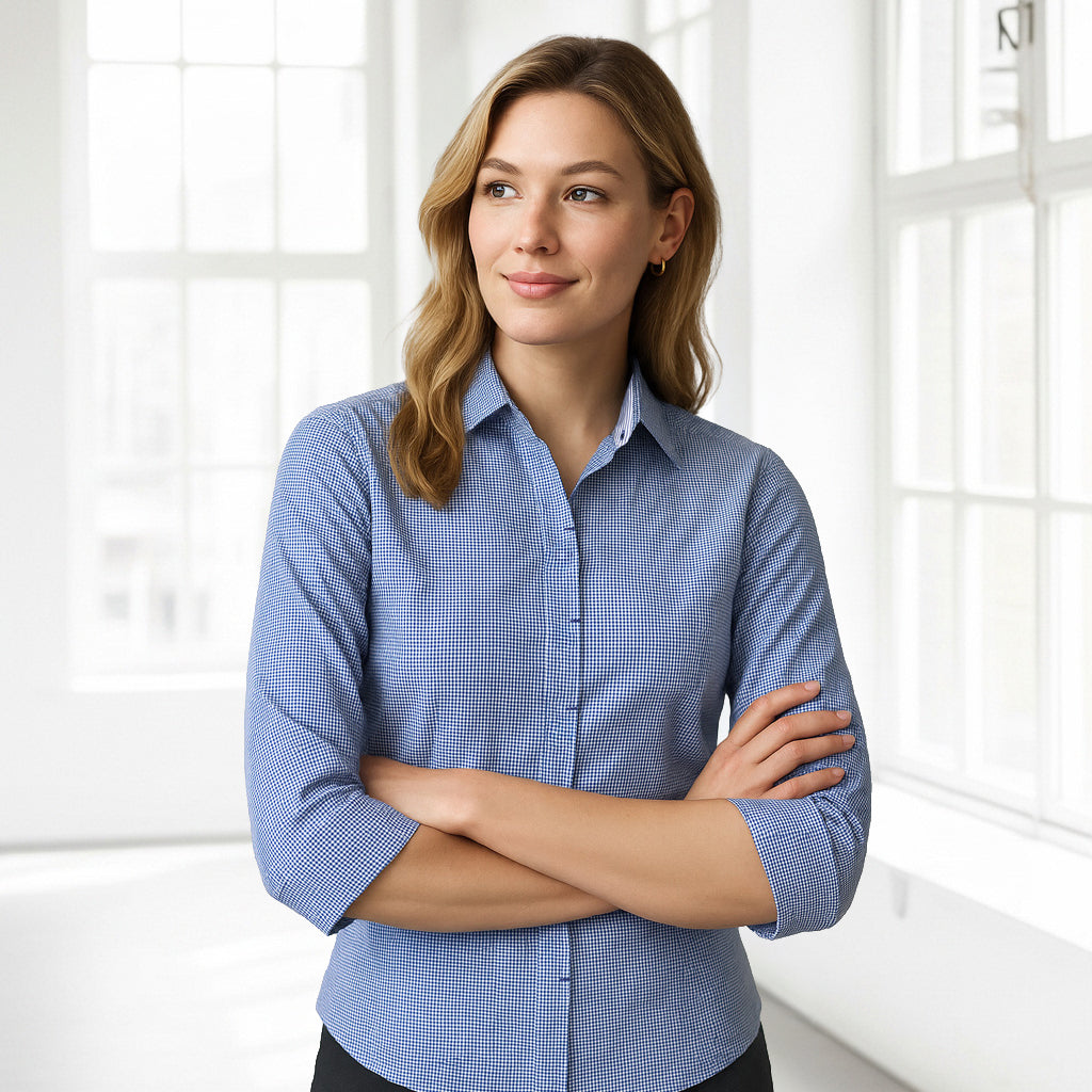 Ladies Newport 3qtr blue white checkered shirt for retail staff