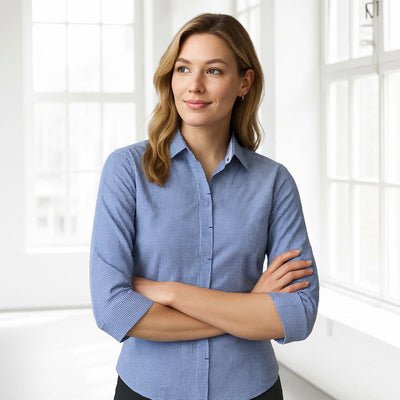 Ladies Newport 3qtr blue white checkered shirt for retail staff