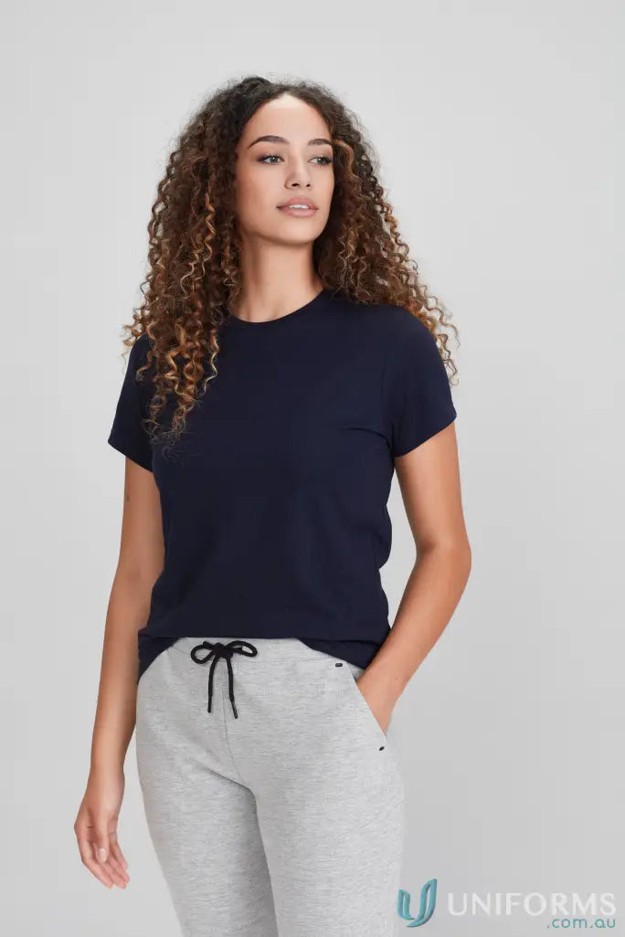 Woman modeling Ladies Newport Tee navy blue ice short sleeve tee from t10022 biz collection