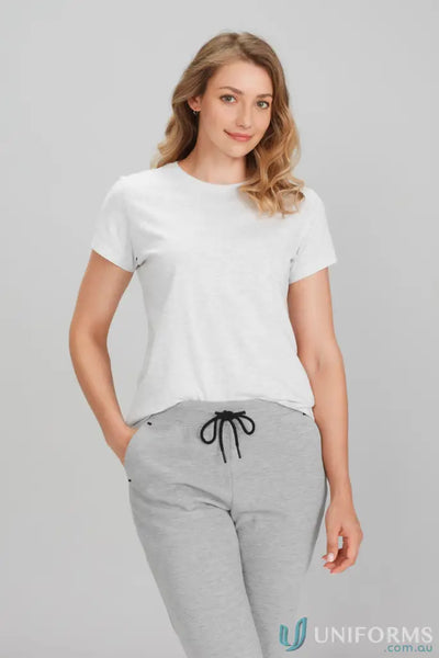 Woman modeling Ladies Newport Tee ice short sleeve tee from t10022 biz collection