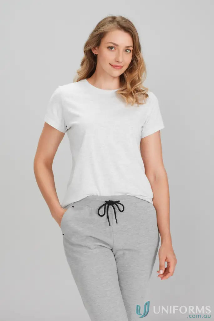 Woman modeling Ladies Newport Tee ice short sleeve tee from t10022 biz collection