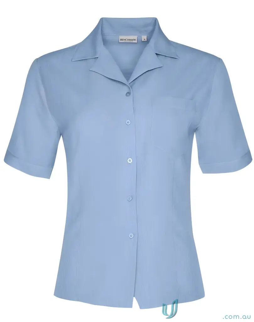Light blue womens cooldry short sleeve spirit ladies overblouse with notched collar and buttons