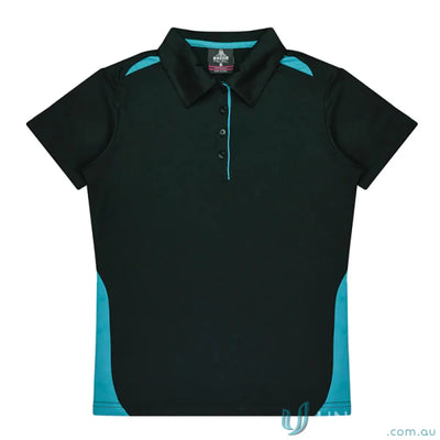 Ladies Paterson Polo in black and turquoise fabric ideal for uniforms and workwear