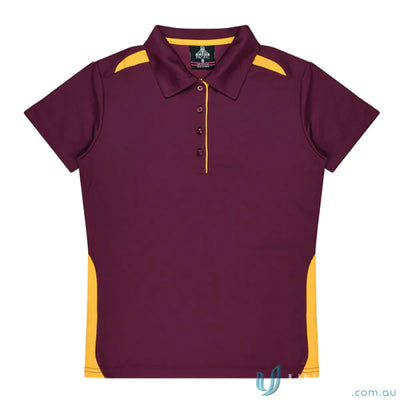 Ladies Paterson Polo in maroon and gold fabric, perfect for uniforms or workwear