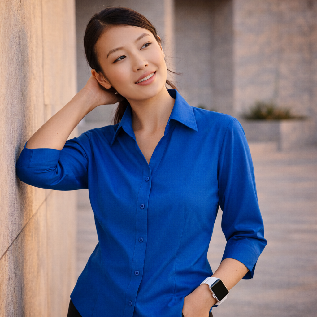 Vibrant royal blue Ladies Plain Oasis 3Q shirt in moisture-wicking fabric