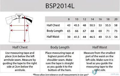 Clothing size chart for Ladies Planett Polo with cooldry moisture management tech