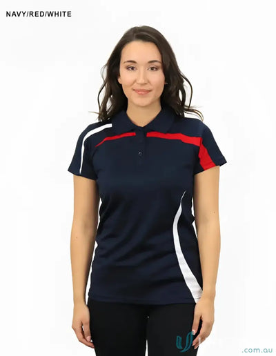 BSP2014L Ladies Planett Polo navy blue short-sleeved shirt with red and white accents
