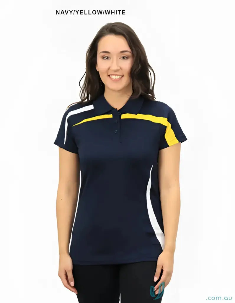 BSP2014L Ladies Planett Polo navy shirt with yellow and white accents