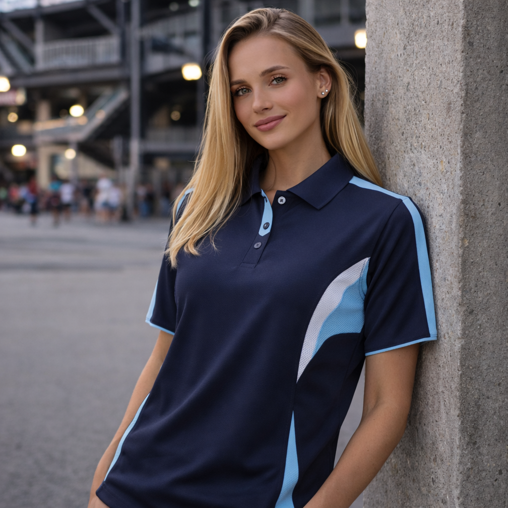 Jb’s podium ladies cool polo in navy blue with textured side panel