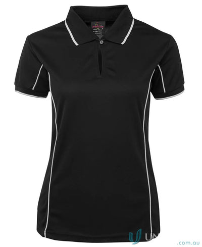 JB’S Ladies Podium piping polo 7LPI black shirt with white trim, stay cool in style