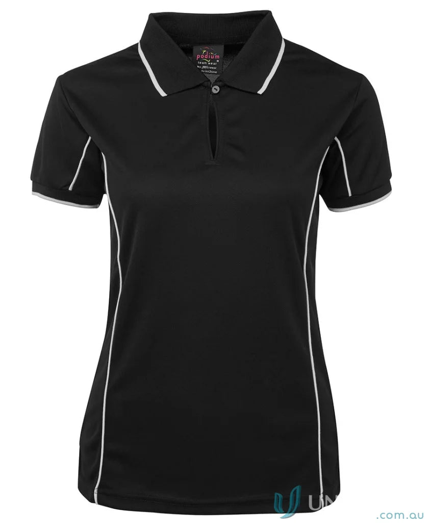 JB’S Ladies Podium piping polo 7LPI black shirt with white trim, stay cool in style