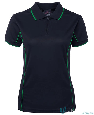 Navy blue JB’s Ladies Podium piping polo 7LPI with green trim for staying cool