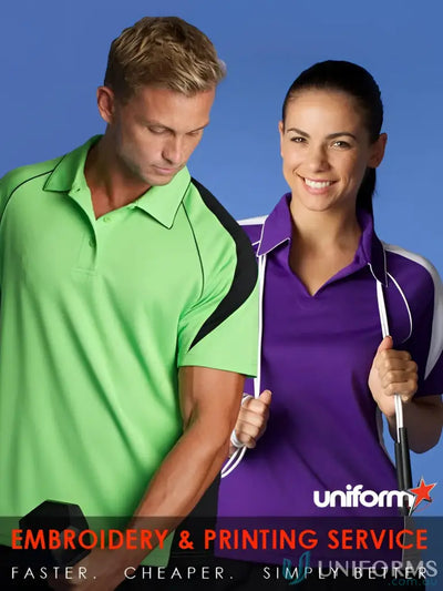 Two people wearing Ladies Premier Polo shirts made of comfortable fabric for uniforms or workwear
