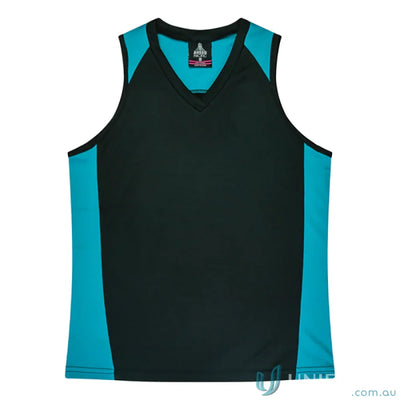 Ladies Premier Singlet with black and teal fabric neck bind perfect for sports