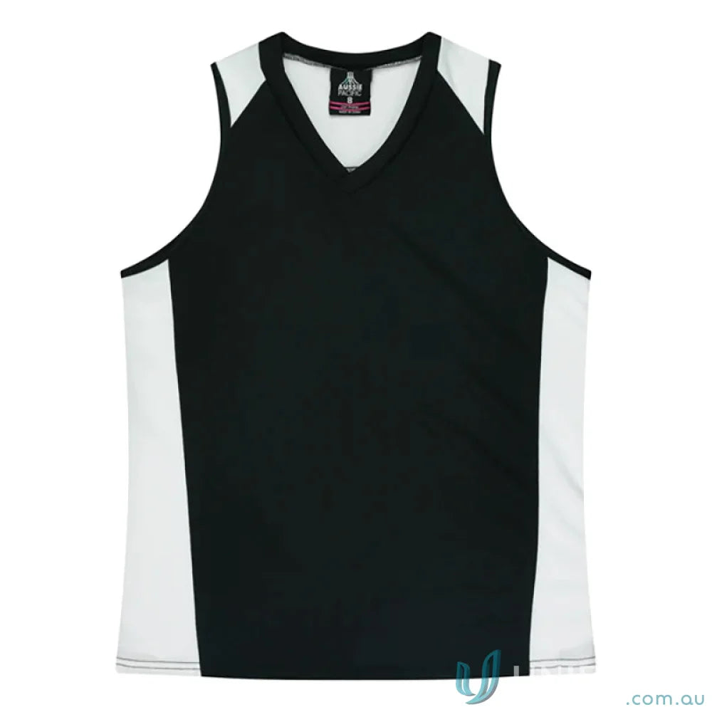 Black and white Ladies Premier Singlet with fabric neck bind and V-neck style