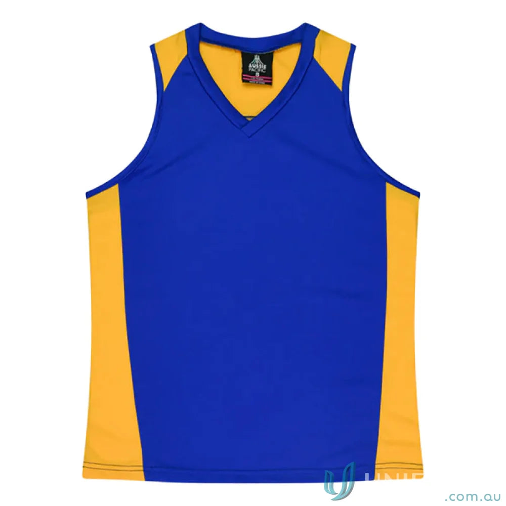 Ladies Premier Singlet with blue and gold fabric neck bind athletic tank top