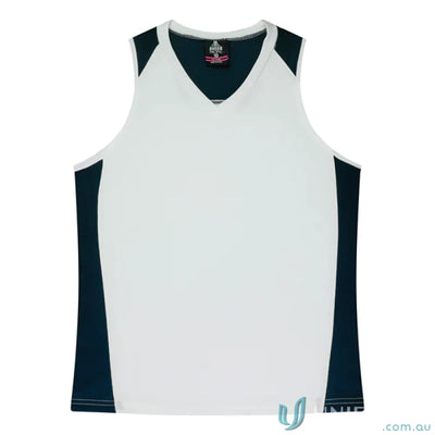 White and navy blue Ladies Premier Singlet with fabric neck bind for athletic comfort