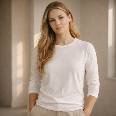 TS48 ladies premium cotton face tee: white long-sleeved top with round neck