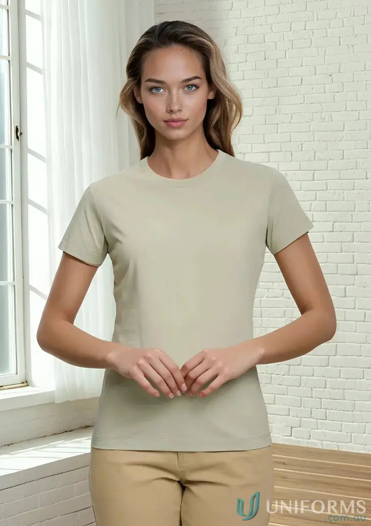 Beige short-sleeved crew neck releaf dtf ladies tshirt perfect for comfortable workwear and casual uniforms