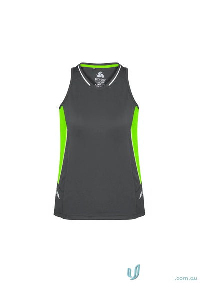 Gray and neon green Ladies Renegade Singlet with silver reflective trims and racer-back style