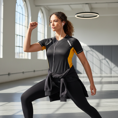 Ladies Renegade Tee black yellow short sleeve top with white piping