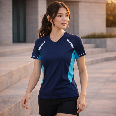Ladies Renegade Tee navy blue shirt with white teal accents