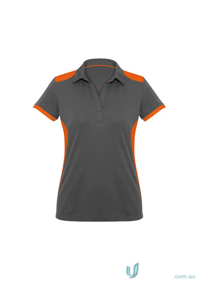 Ladies Rival Polo with bold contrast orange accents on charcoal grey short sleeve shirt
