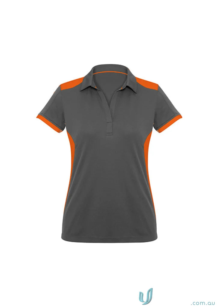 Ladies Rival Polo with bold contrast orange accents on charcoal grey short sleeve shirt