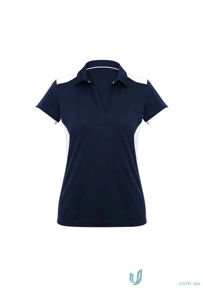 Ladies Rival Polo navy blue short sleeve shirt with bold contrast white side panels
