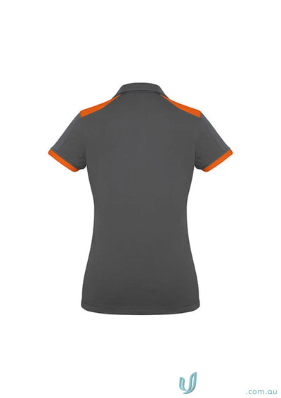 Ladies Rival Polo in dark gray with bold contrast orange trim on collar and cuffs
