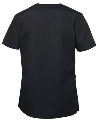 Jb’s ladies scrub top with black short sleeves, rounded neckline, set-in sleeves