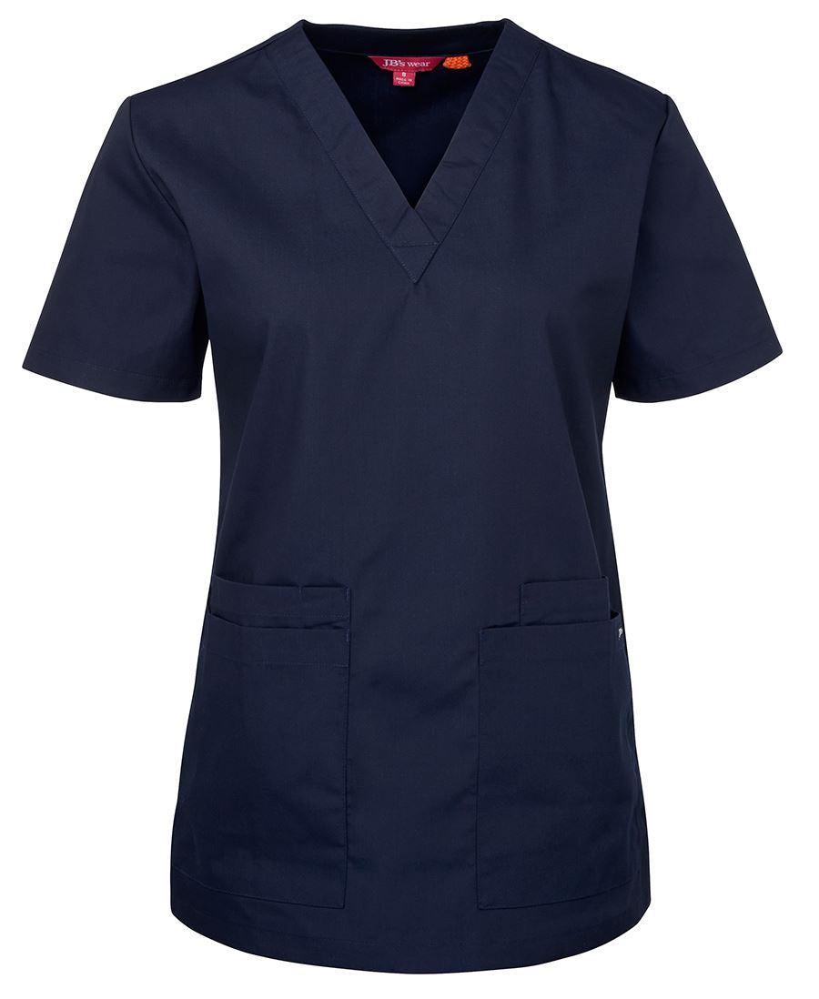 Jb’s ladies scrub navy v-neck top with reinforced pocket openings
