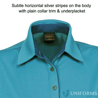 Ladies SilverTech Polo teal button-down shirt with silver stripes featuring nano-scale silver technology