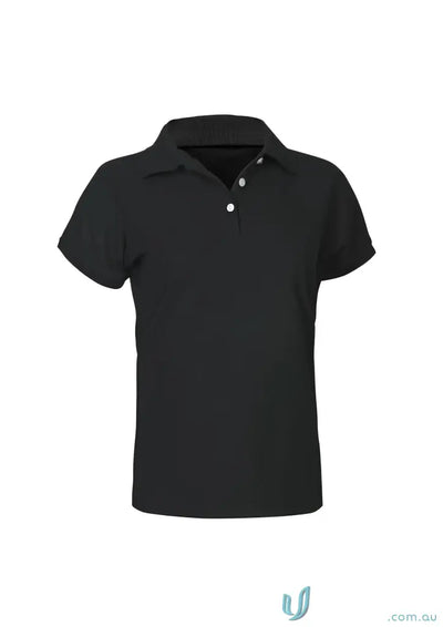 Black short-sleeved polo shirt with white button placket from Ladies Sorrento Polo, perfect for womens neon style