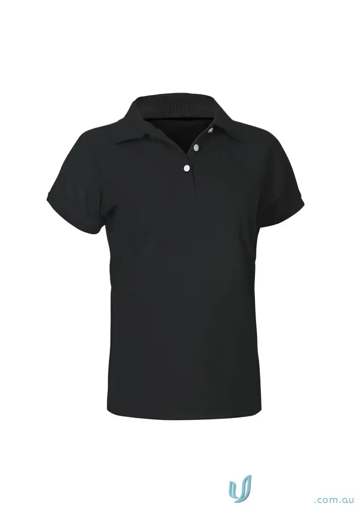 Black short-sleeved polo shirt with white button placket from Ladies Sorrento Polo, perfect for womens neon style